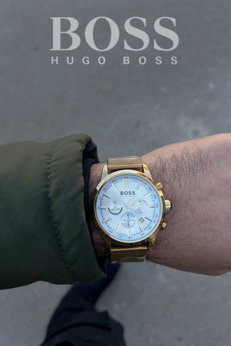 ساعة - Hugo Boss الشبابية / شامل علبة و كيس  - ذهبي / ابيض ٣ دوائر <br> <span class='text-color-warm'>نفدت الكمية</span>